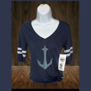 Seattle Kraken '47 Women's Flanker Stripes Half-Sleeve V-Neck T-Shirt (NWT) Sz.M